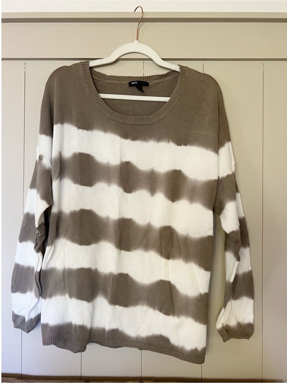 Taupe and White Striped soft knit Crewneck Sweater